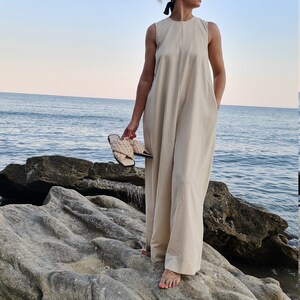 Beige Linen Jumpsuit, Summer Beige Linen Jumpsuit, Linen Japanese Jumpsuit, Women Linen Jumpsuit, Wide Leg Jumpsuit, Beige Jumpsuit image 1