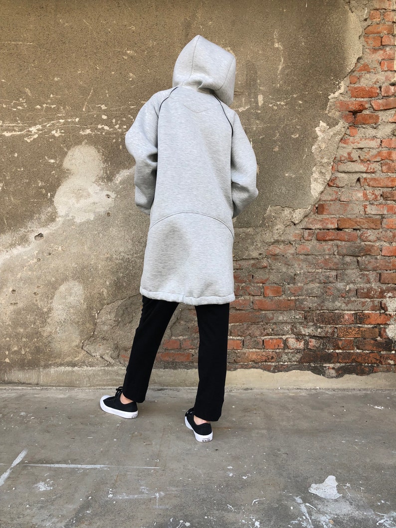 Neoprene Hooded Sweatshirt, Sporty Hooded Sweatshirt, Grey Hooded Jacket, Long Hooded Jacket, Oversized Hooded Jacket, Neoprene Sweatshirt image 9