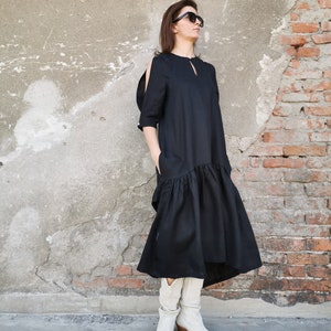 Black Asymmetric Linen Dress, Pure Linen Dress, Black Linen Dress, Linen Dress, Black Loose Linen Dress, Formal Linen Dress, Black Dress image 2