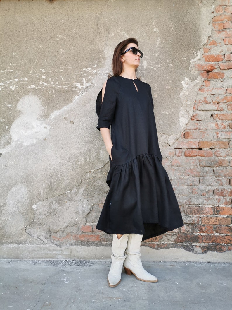 Black Asymmetric Linen Dress, Pure Linen Dress, Black Linen Dress, Linen Dress, Black Loose Linen Dress, Formal Linen Dress, Black Dress image 2