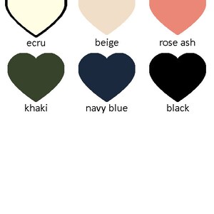 May include: A chart with six heart-shaped color swatches. The colors are ecru, beige, rose ash, khaki, navy blue, and black. The colors are labeled below each swatch.