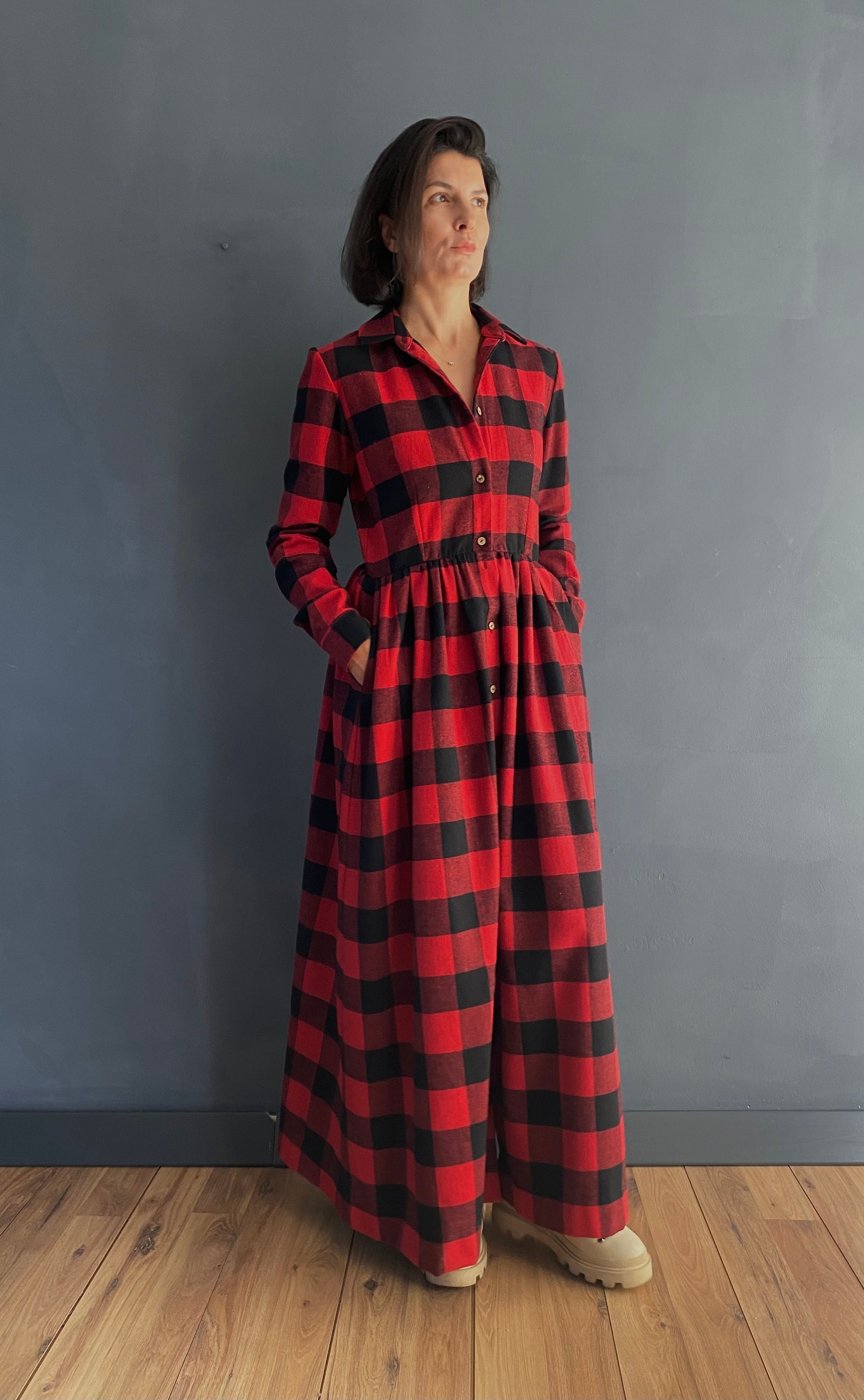Red Tartan Dress, Red Christmas Dress, Apron Tartan Dress, Women Christmas Dress, Button Up Tartan Dress, Button Up Dress with Collar