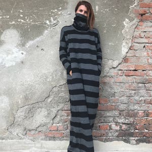 Winter Maxi Dress, Sweater Dress, Plus Size Clothing, Women Kaftan Dress, Turtleneck Dress, Maxi Dress, Striped Dress,Gray Dress,Loose Dress image 2