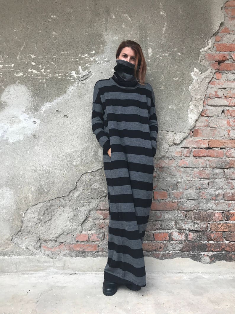 Winter Maxi Dress, Sweater Dress, Plus Size Clothing, Women Kaftan Dress, Turtleneck Dress, Maxi Dress, Striped Dress,Gray Dress,Loose Dress image 2