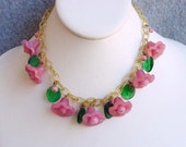 Reserved For Linda     Miriam Haskell Necklace Pink Glass Flower Choker With Celluloid Chain Green Leaves Vintage Art Deco Costume Jewelry