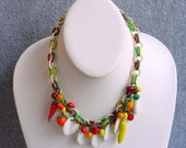 Fruit Salad Glass Necklace  Fruits And Vegetable Choker Celluloid Chain 16" Vintage Venetian Costume Jewelry Green White Red Yellow Orange