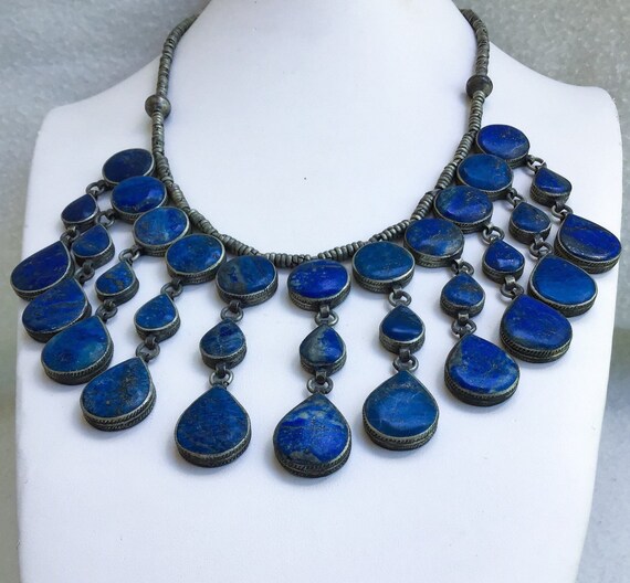 Moroccan Lapis Statement Necklace Silver Tribal B… - image 2