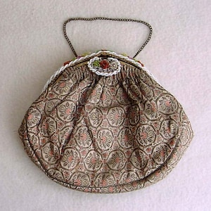 French Silk Purse Gold Brocade Beaded Frame Antique Evening Bag Vintage Opera Dance Handbag