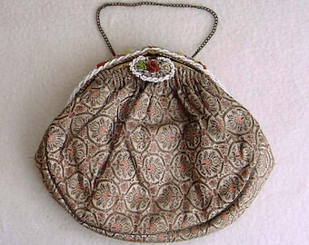 French Silk Purse Gold Brocade Beaded Frame Antique Evening Bag Vintage Opera Dance Handbag