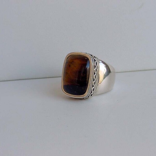 Sterling Silver Men's Ring Tigers Eye 8 3/4 Filigree Rope Pierced Design Vintage Large Chunky Rectangle Gemstone Fine Jewelry