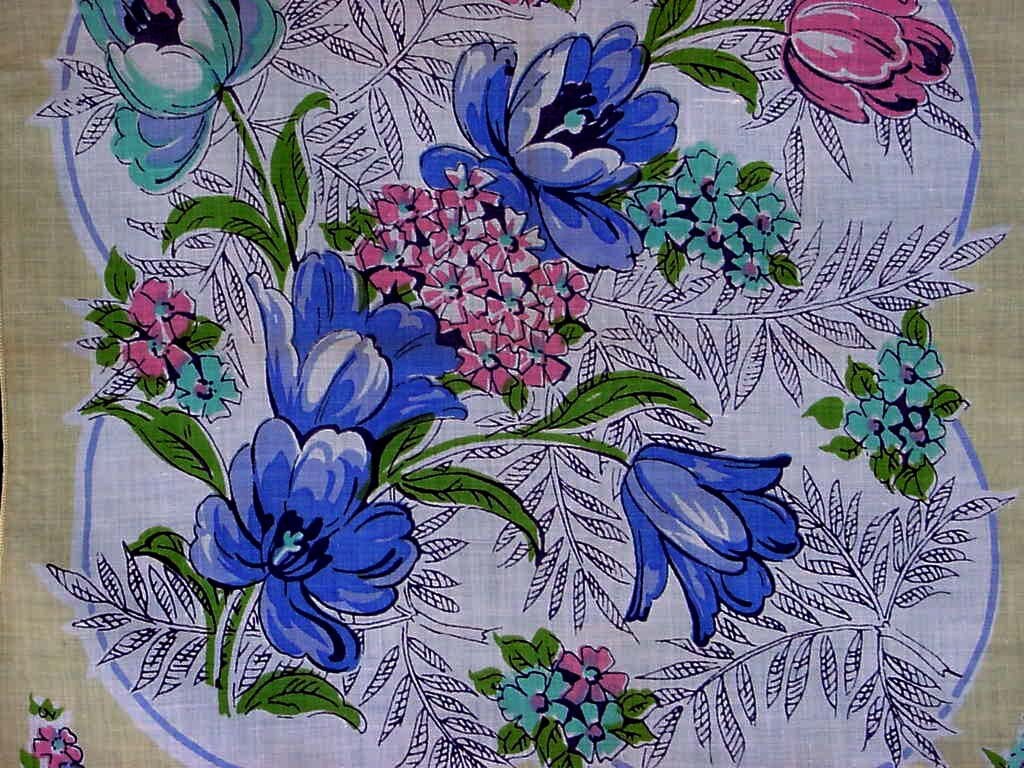 Vintage Blue Tulip and Yellow Leaf Handkerchief