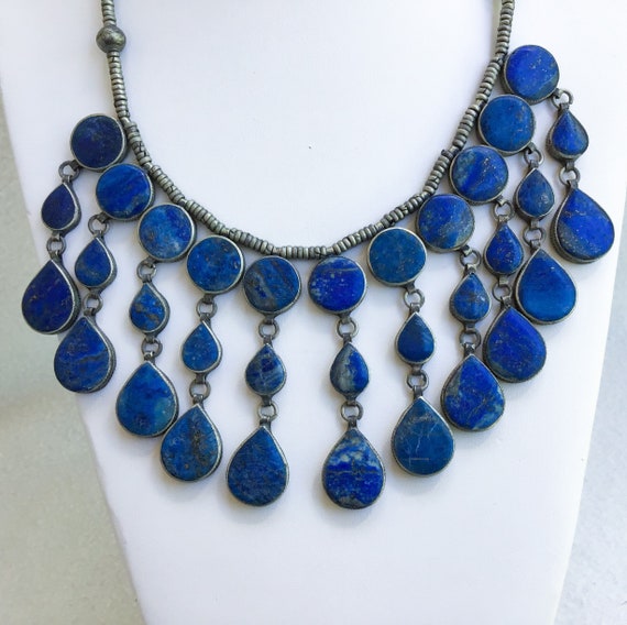 Moroccan Lapis Statement Necklace Silver Tribal B… - image 1