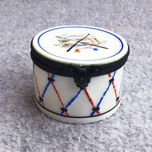 Limoges Drum Trinket Box Artist Signed P.V. Decorated With Sheet Music Lyre Style Closure Hand Painted French Porcelain Vanity Accessory