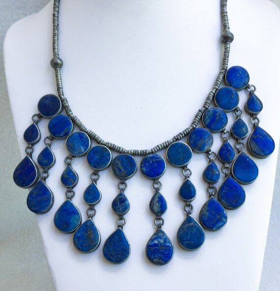 Moroccan Lapis Statement Necklace Silver Tribal B… - image 3
