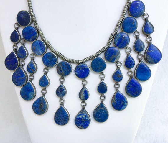Moroccan Lapis Statement Necklace Silver Tribal B… - image 6