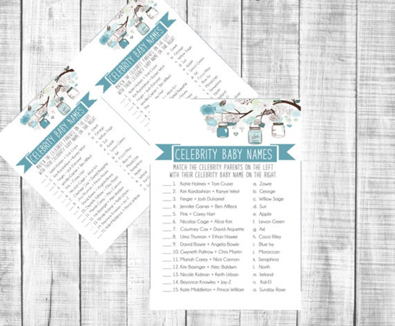 Celebrity Baby Names Matching Game Card printable baby boy ...