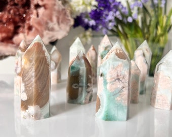 Green Flower Agate point, Flower Agate crystal, Flower Agate tower, Flower Agate