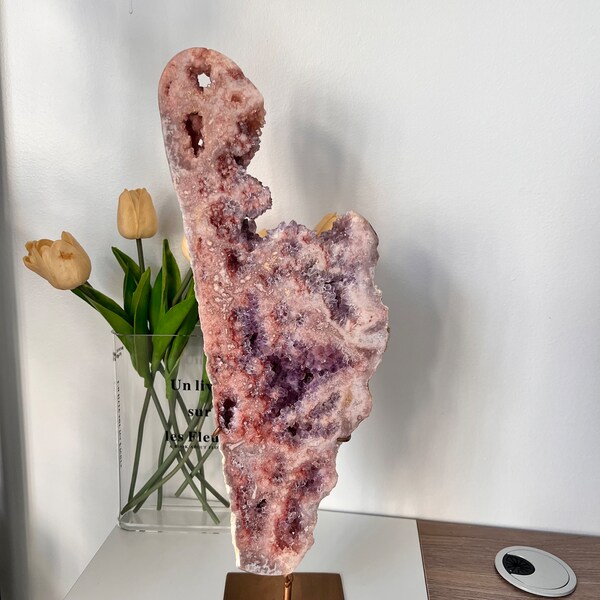 XXL Pink Amethyst Slab on a golden stand