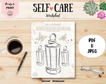 May include: Printable self-care worksheet with the title "My Lanterns". The worksheet features three black and white illustrations of lanterns with a gold and white background. The text "When we have days that appear to dim our lights, we may find it difficult to remember how amazing we are. Use these lanterns to write down words that will help remind you of your light. When you come across a dark moment in your life, revisit this sheet and allow your words to reignite your flame." is included on the worksheet.