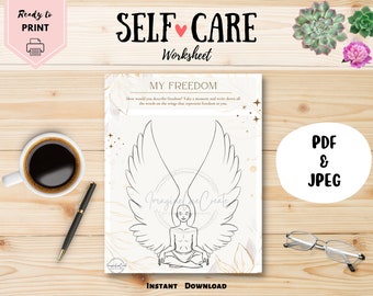 May include: Printable self-care worksheet with a drawing of a person with wings. The worksheet is titled "My Freedom" and asks the user to write down words that represent freedom to them.