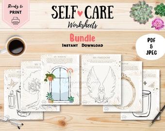 May include: A set of printable self-care worksheets with a light brown wood background. The worksheets feature illustrations of a window, a tree, a mirror, a glass, and an angel with wings. The text "SELF CARE Worksheets Bundle INSTANT DOWNLOAD" is at the top of the image.