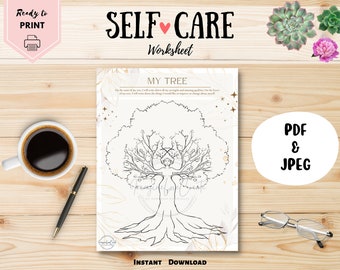 May include: Printable self-care worksheet featuring a tree with branches and roots. The text "My Tree" is at the top of the page. The worksheet is ready to print and download in PDF and JPEG formats.