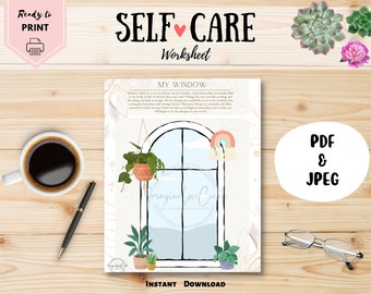 May include: Printable self-care worksheet with a window illustration and the text "MY WINDOW". The window has a rainbow and a macrame hanging from the top. There are plants hanging from the window and on the windowsill. The text "INSTANT DOWNLOAD" is at the bottom of the page.