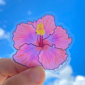 Pink Hibiscus Flower Clear 2” Vinyl Die Cut Sticker