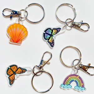 Acrylic 1&quot; Charm Keychain - Rainbow, Monarch Butterfly, Sunrise Shell