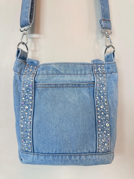 Rhinestone Encrusted Denim Crossbody Celestial Pattern Blue Jean Tote Small Messenger Bag Sparkling Stars and Glass Gemstones Shoulder Purse