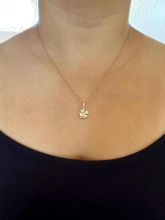 14K Gold Filled Sparkling 4-Leaf Clover Shamrock Charm Necklace Cubic Zirconia Studded