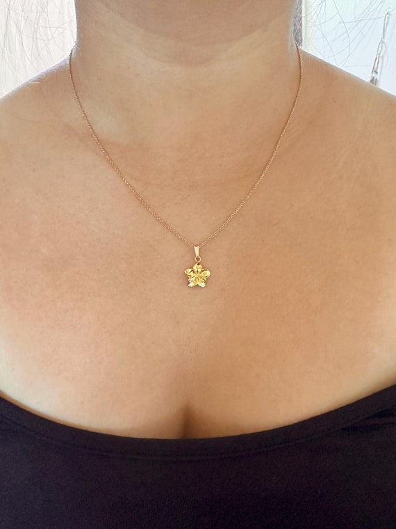 Gold Vermeil Plumeria Flower Hawaiian Frangipani Charm Necklace on 14K Gold Filled Chain