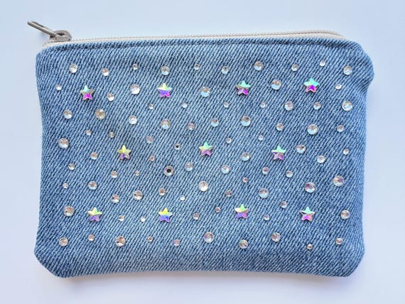 Rhinestone Encrusted Denim Coin Purse Celestial Pattern Blue Jean Small Zipper Pouch Sparkling Stars Gemstones Credit Card ID Holder Case