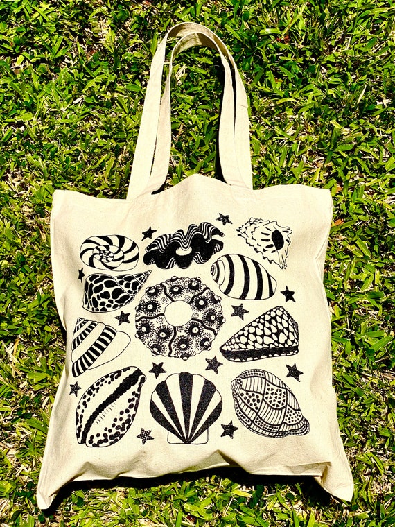 Sea Shell Screen Print Cotton Canvas Tote Bag Reusable Washable Lightweight