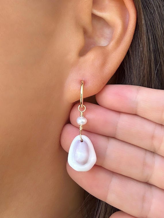 Purple and White Money Cowrie Shell 18K Gold Filled Hoop Earrings with Mini Freshwater Pearls