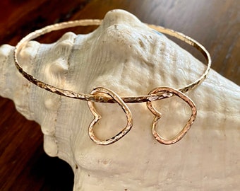 Two Hearts Charmed Hammered Bangle