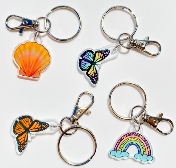 Acrylic 1" Charm Keychain - Rainbow, Monarch Butterfly, Sunrise Shell