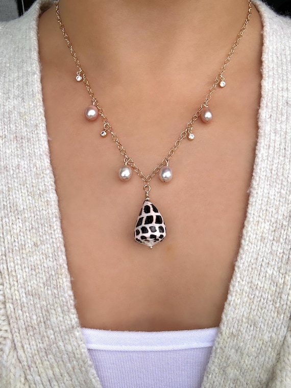 Hebrew Cone Shell, Freshwater Pearl and Sparkling Cubic Zirconia Charm Necklace on 14K Gold Filled Chain