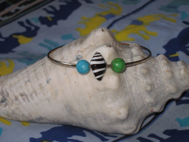 Zebra Cone Shell with Blue and Green Turquoise Hammered Bangle
