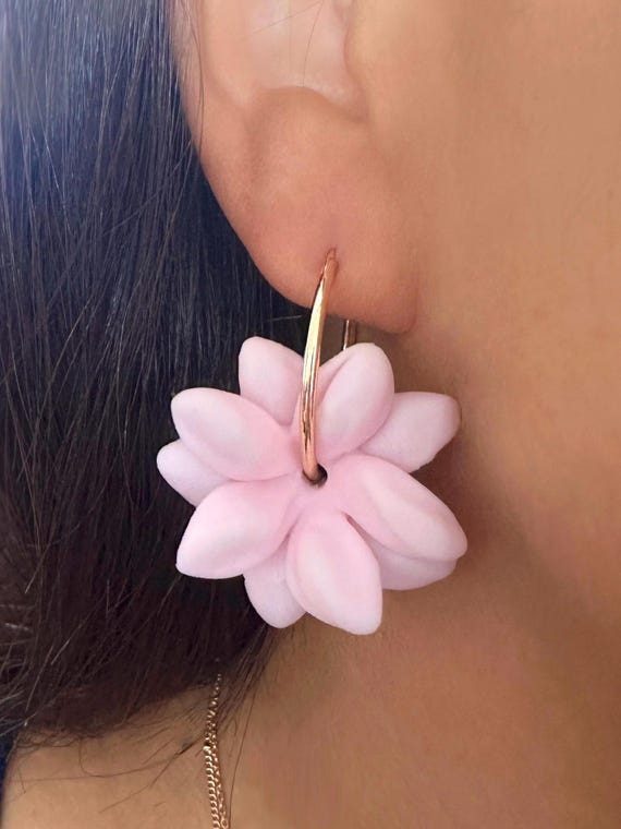 Pink Pikake 18K Gold Filled Hoop Earrings Hawaiian Jasmine Clay Flowers