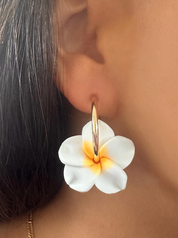 Gold Hoop Plumeria Earrings Hawaiian Frangipani Polymer Clay Flowers