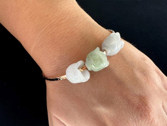 Triple Jade Flower Hammered Bangle with Type A Natural Untreated Burmese Jadeite/ Choose from 14k Gold Filled or Sterling Silver