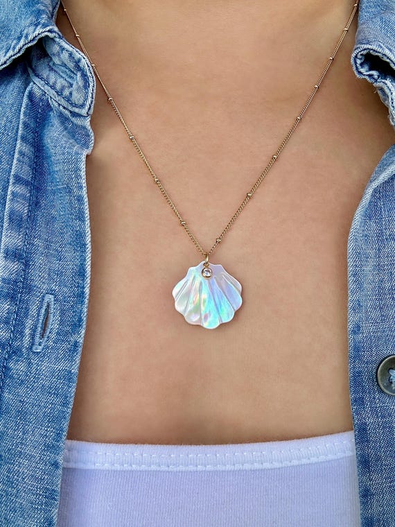 Mother of Pearl Scallop Shell with Sparkling Cubic Zirconia Charm Necklace on 14K Gold Filled Chain