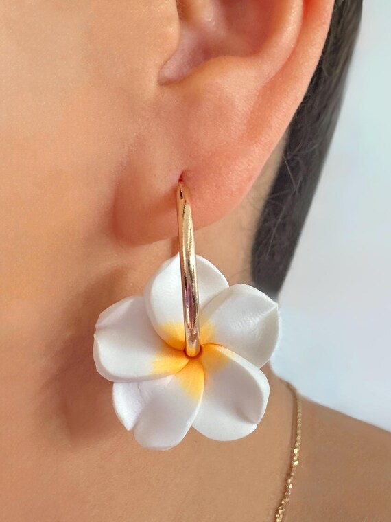Gold Hoop Plumeria Earrings Hawaiian Frangipani Polymer Clay Flowers