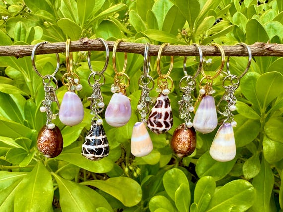Hawaiian Cone or Cowrie Shell Keychain with Freshwater Pearl and Aquamarine Bead Charms / Choose Your Shell