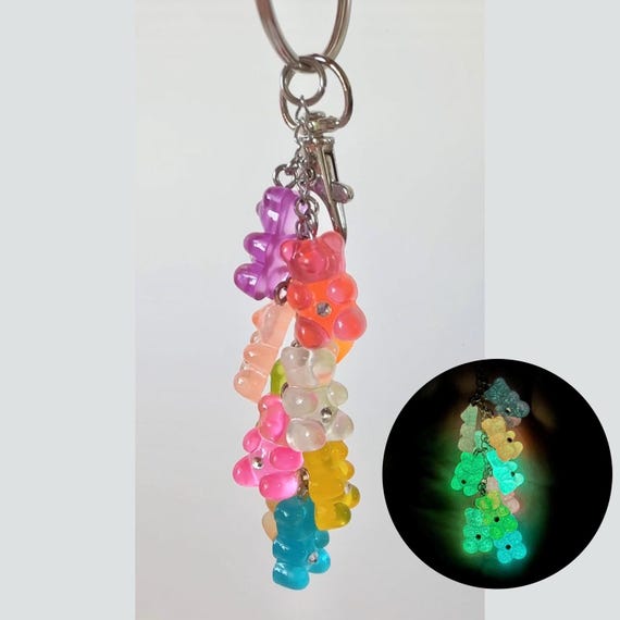 Rhinestone Gummy Bear Sparkling Rainbow Glow in the Dark Charm Keychain