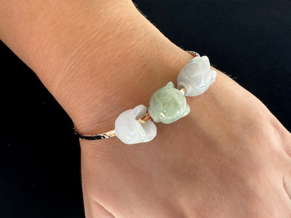 Triple Jade Flower Hammered Bangle with Type A Natural Untreated Burmese Jadeite/ Choose from 14k Gold Filled or Sterling Silver