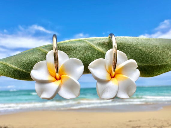 Gold Hoop Plumeria Earrings Hawaiian Frangipani Polymer Clay Flowers