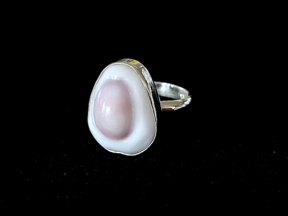 Purple and White Cowrie Shell Sterling Silver Bezel Set Ring