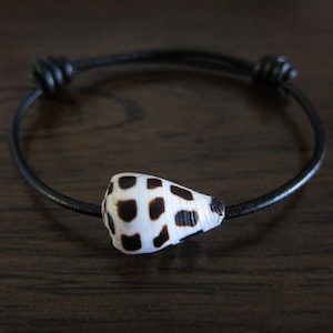 May include: A black leather bracelet with a knotted closure and a white and black seashell charm.